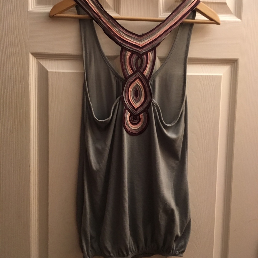Grey flowy tank top with multi-color back design